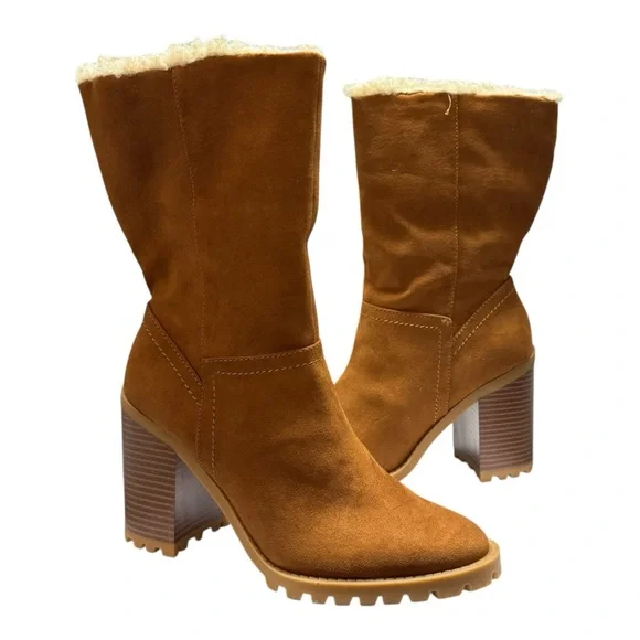 Women’s Size 7 New in Box Stacey Shearling Fold Over Stacked Heel Brown Boot - Picture 3 of 10